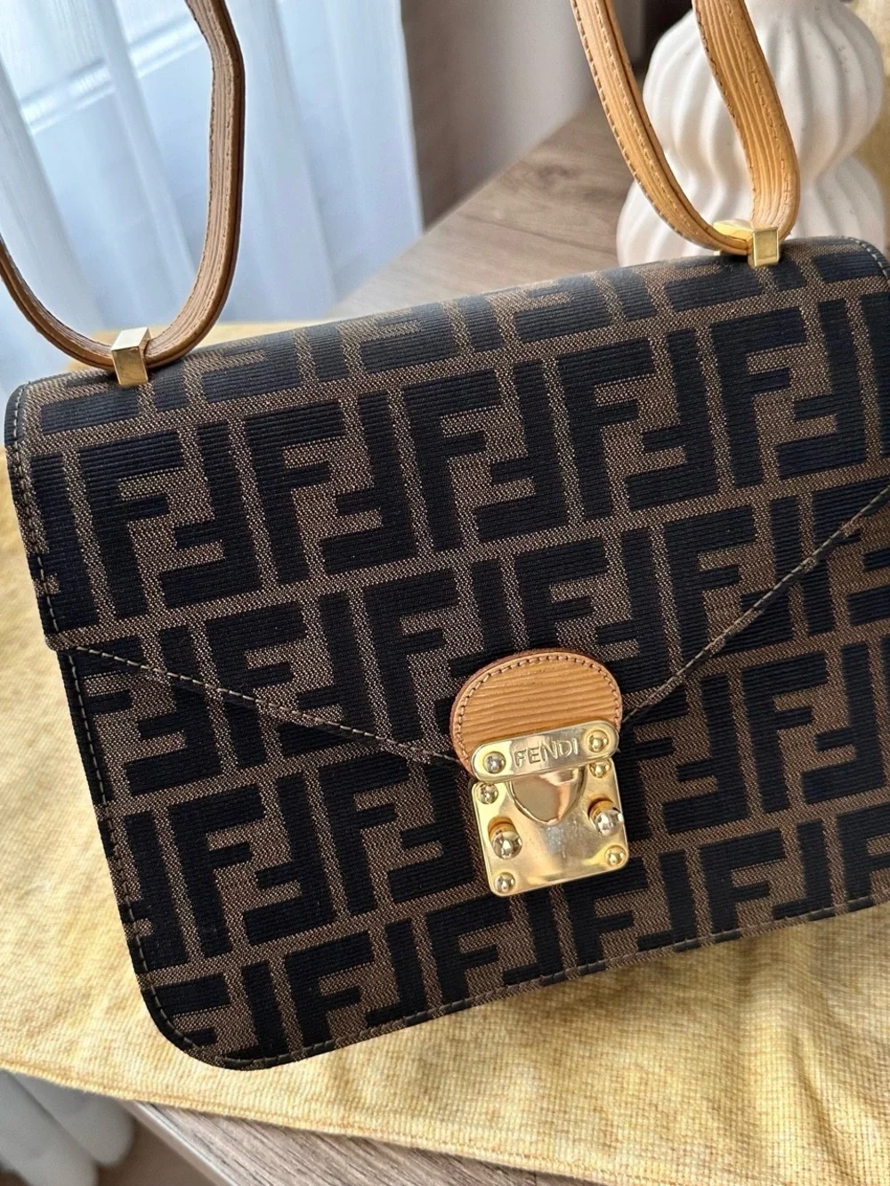 Fendi Brown FF Monogram Shoulder Bag with Tan Leather Strap